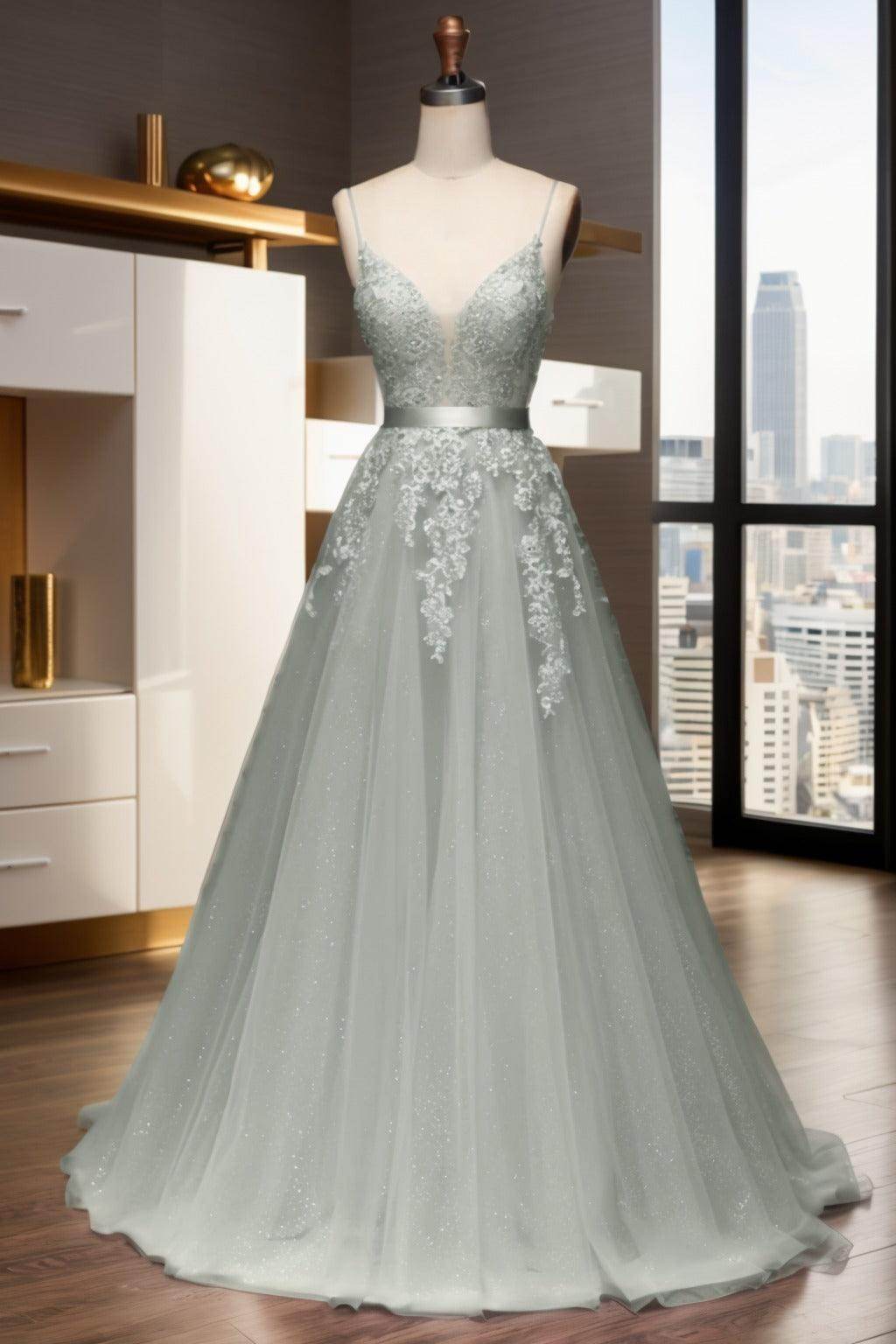 A-Line Sweep-Brush Train Tulle Prom Dress CS0464