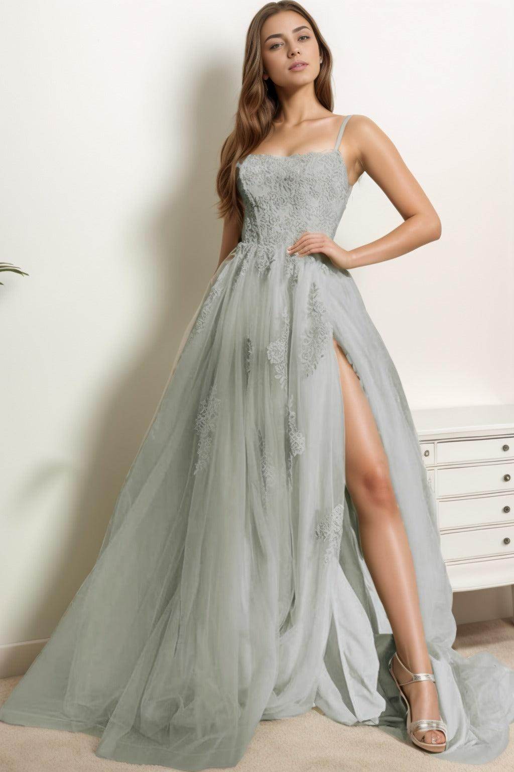 A-Line Sweep-Brush Train Tulle Prom Dress CS0415
