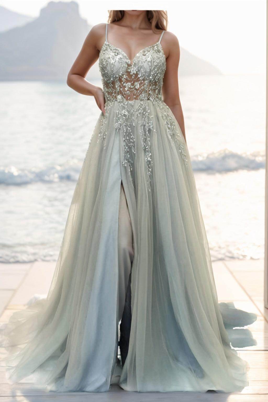 A-line Sweep-Brush Train Tulle Prom Dress CS0402
