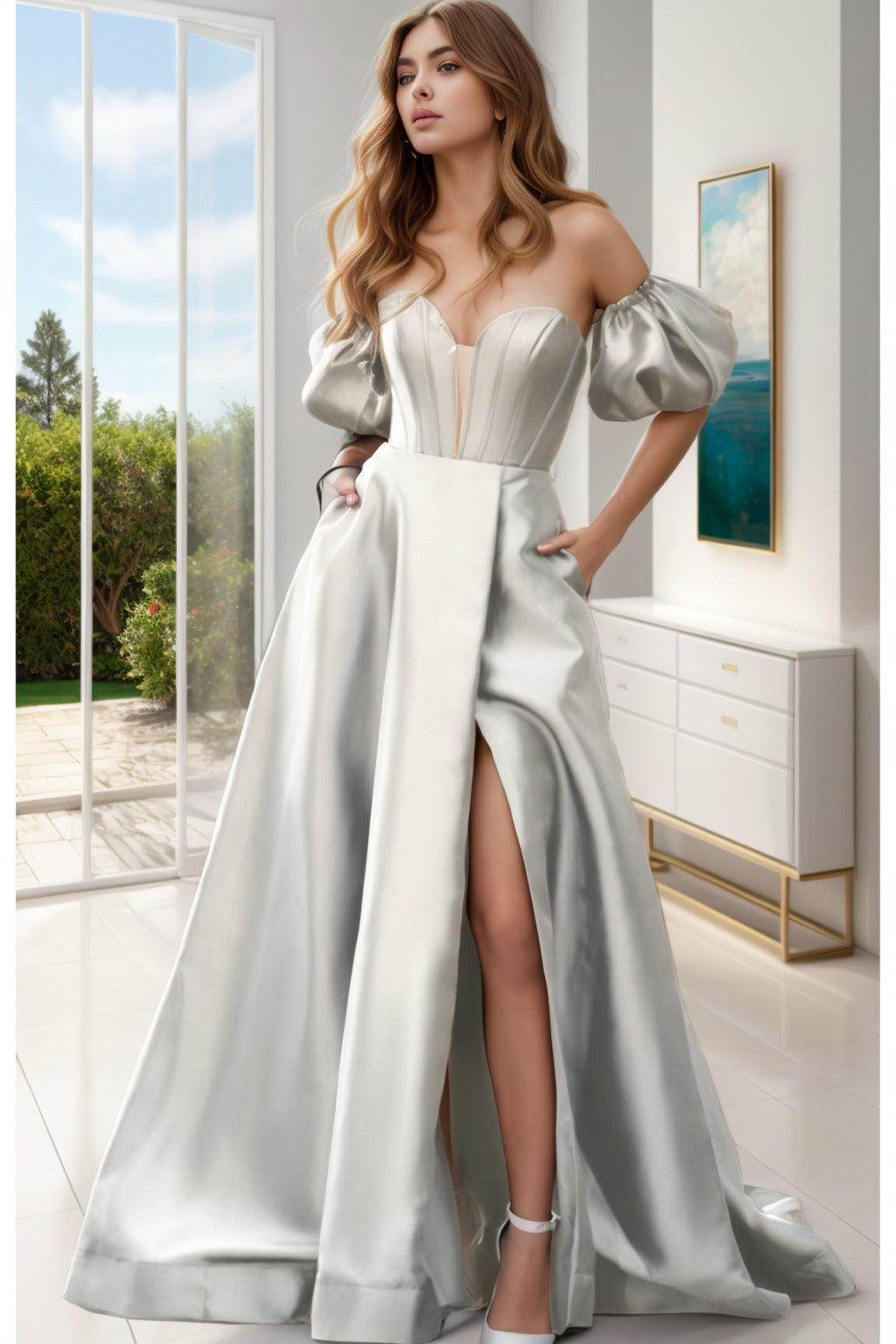 A-Line Sweep-Brush Train Satin Prom Dress CS0448