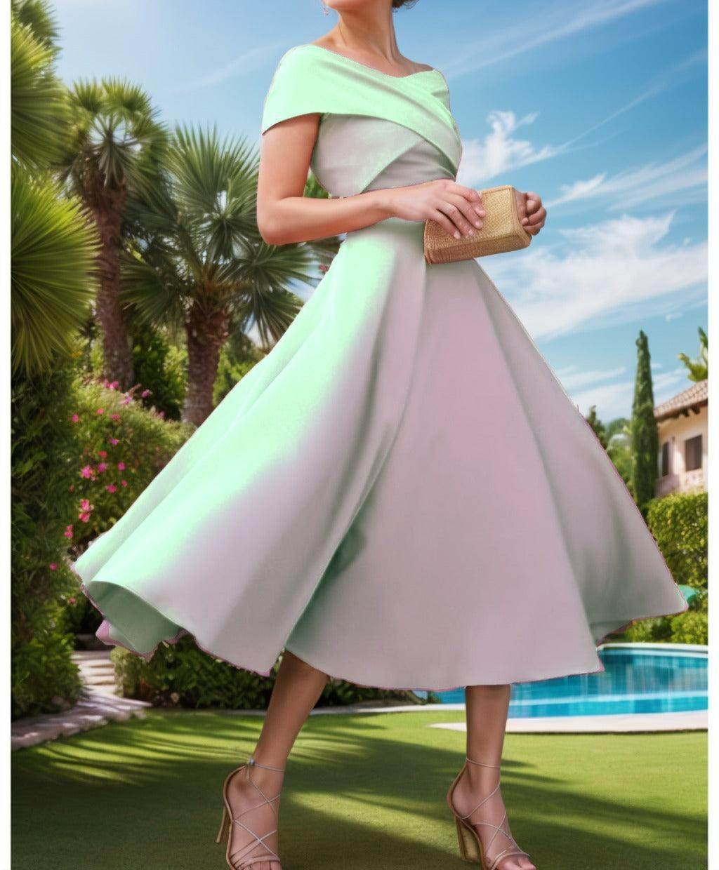 A-Line Tea Length Satin Prom Dress CS0455