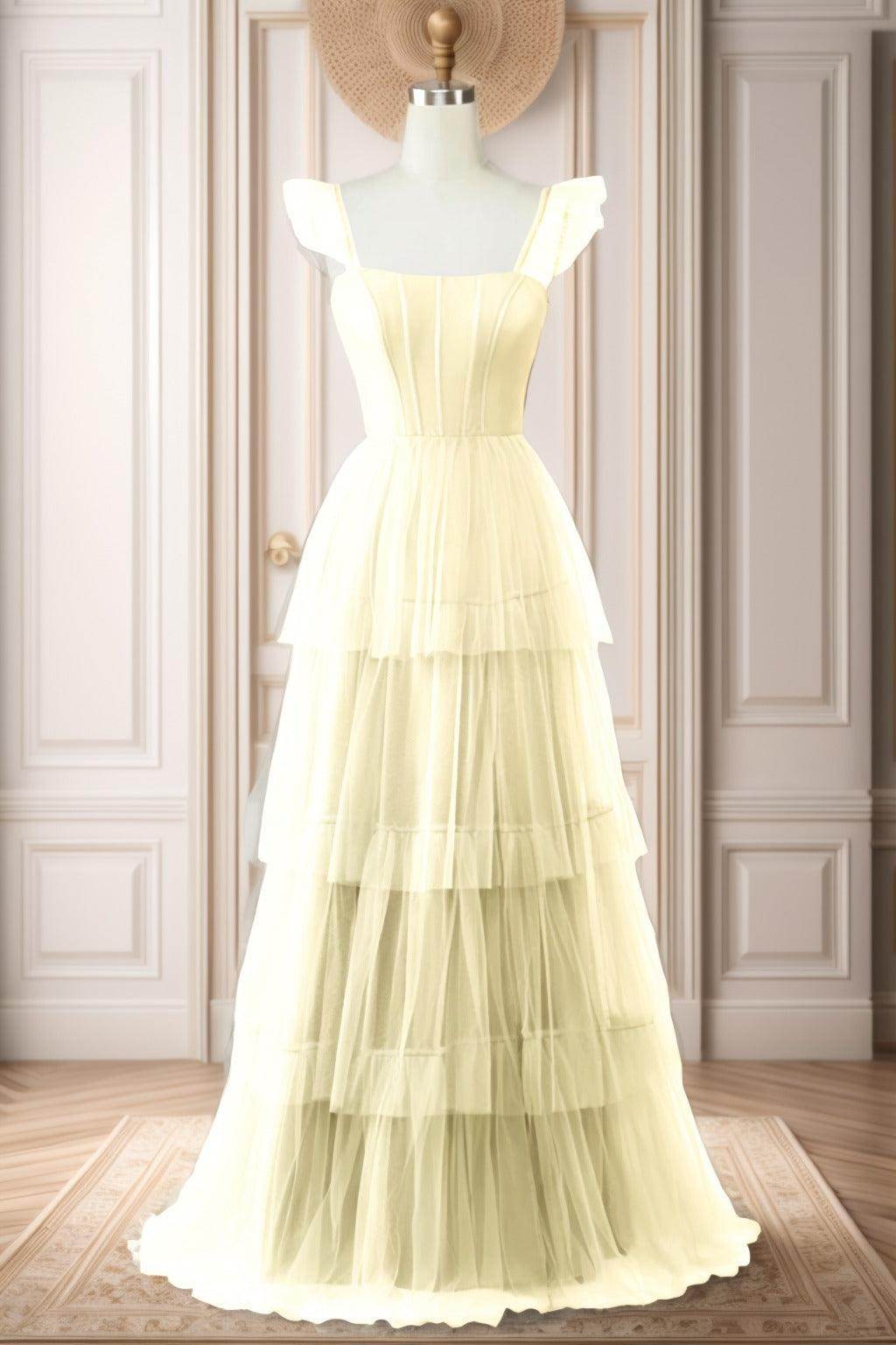 A-Line Sweep-Brush Train Tulle Prom Dress CS0471