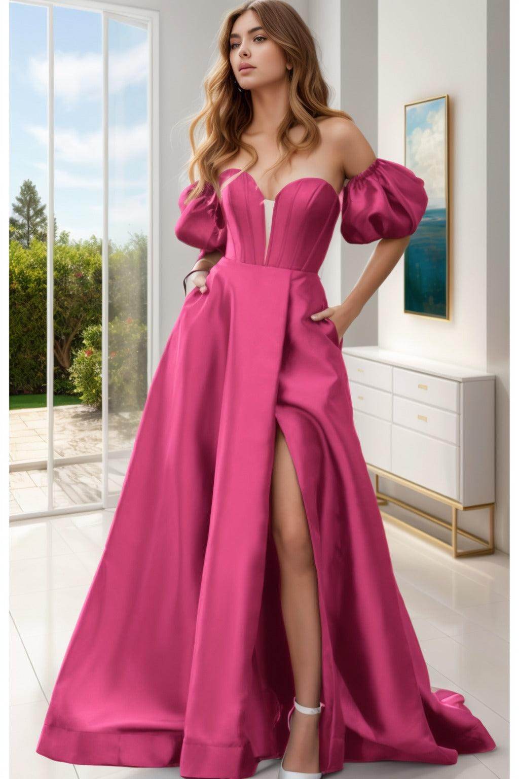 A-Line Sweep-Brush Train Satin Prom Dress CS0448