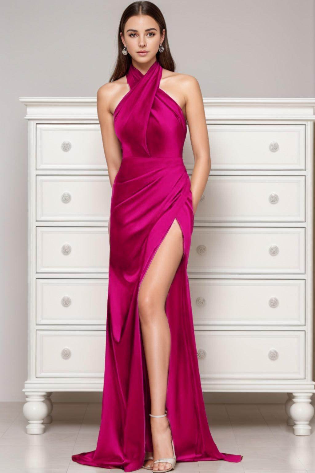 Sheath-Column Sweep-Brush Train Silk-Like Prom Dress CS0431