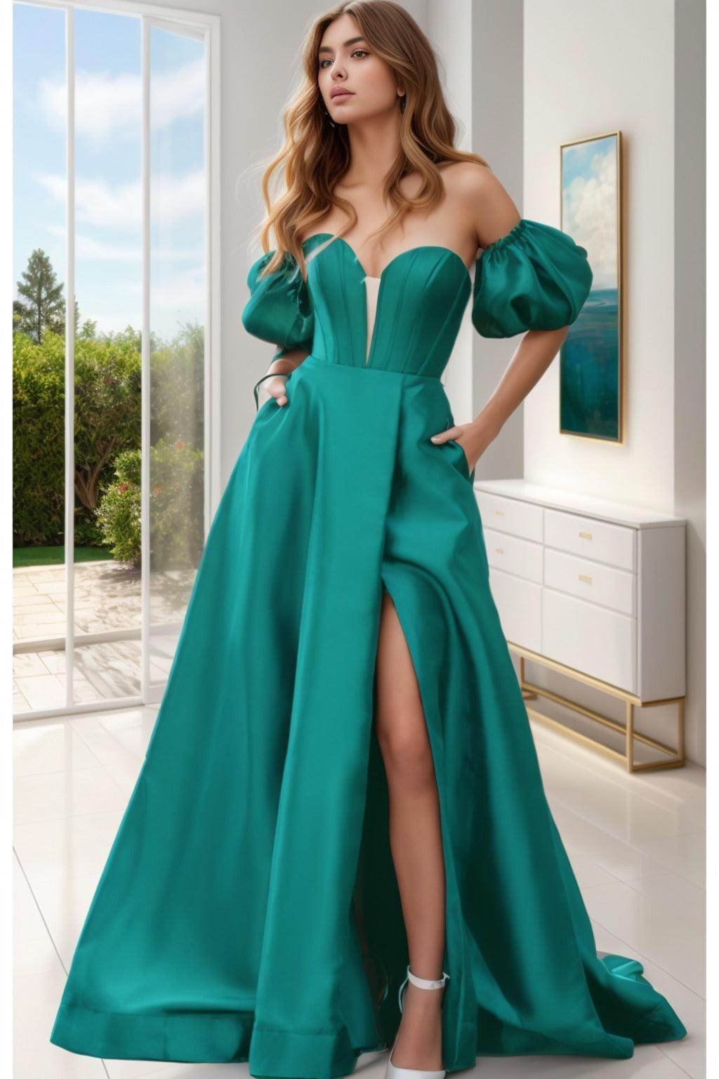 A-Line Sweep-Brush Train Satin Prom Dress CS0448
