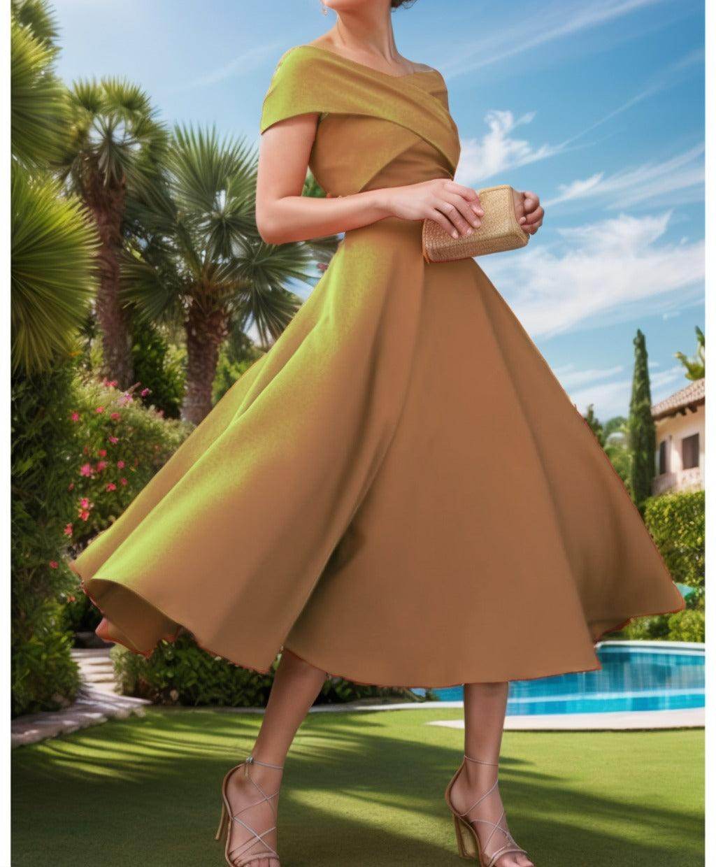 A-Line Tea Length Satin Prom Dress CS0455