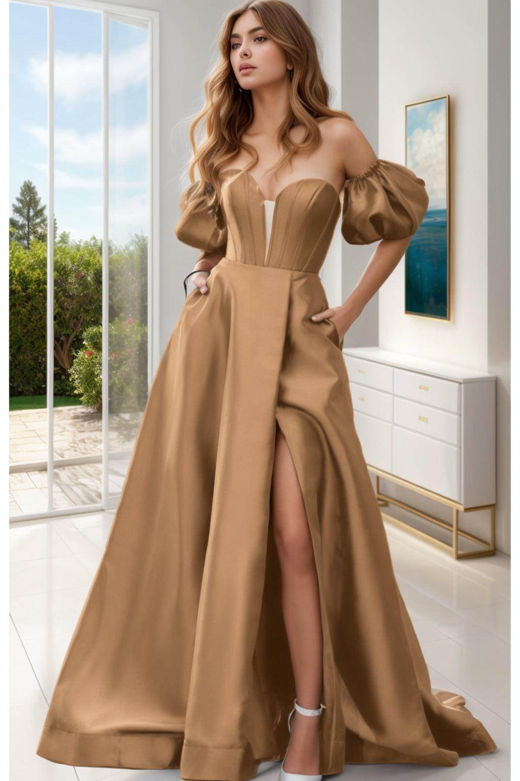 A-Line Sweep-Brush Train Satin Prom Dress CS0448