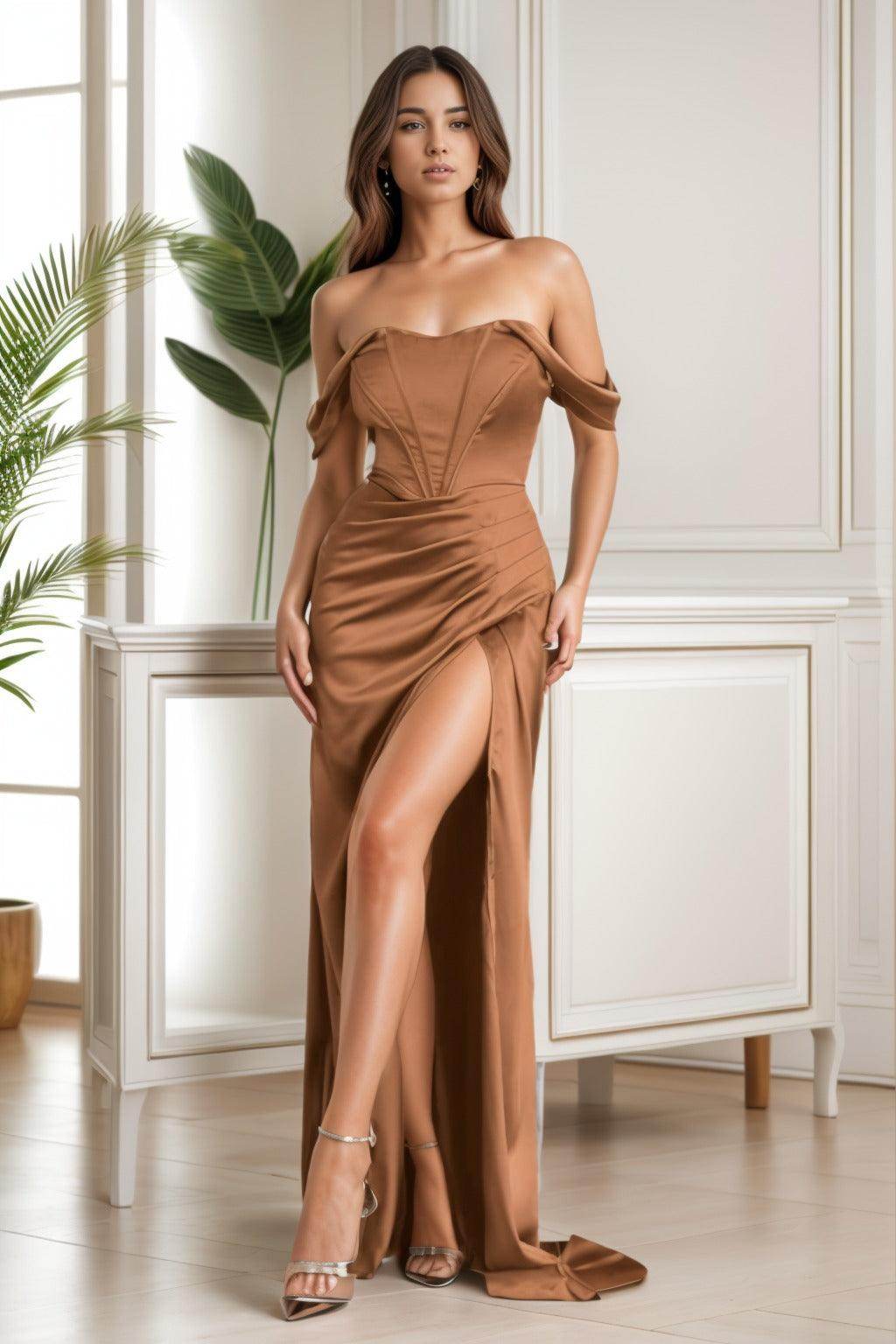 Sheath-Column Sweep-Brush Train Satin Prom Dress CS0418