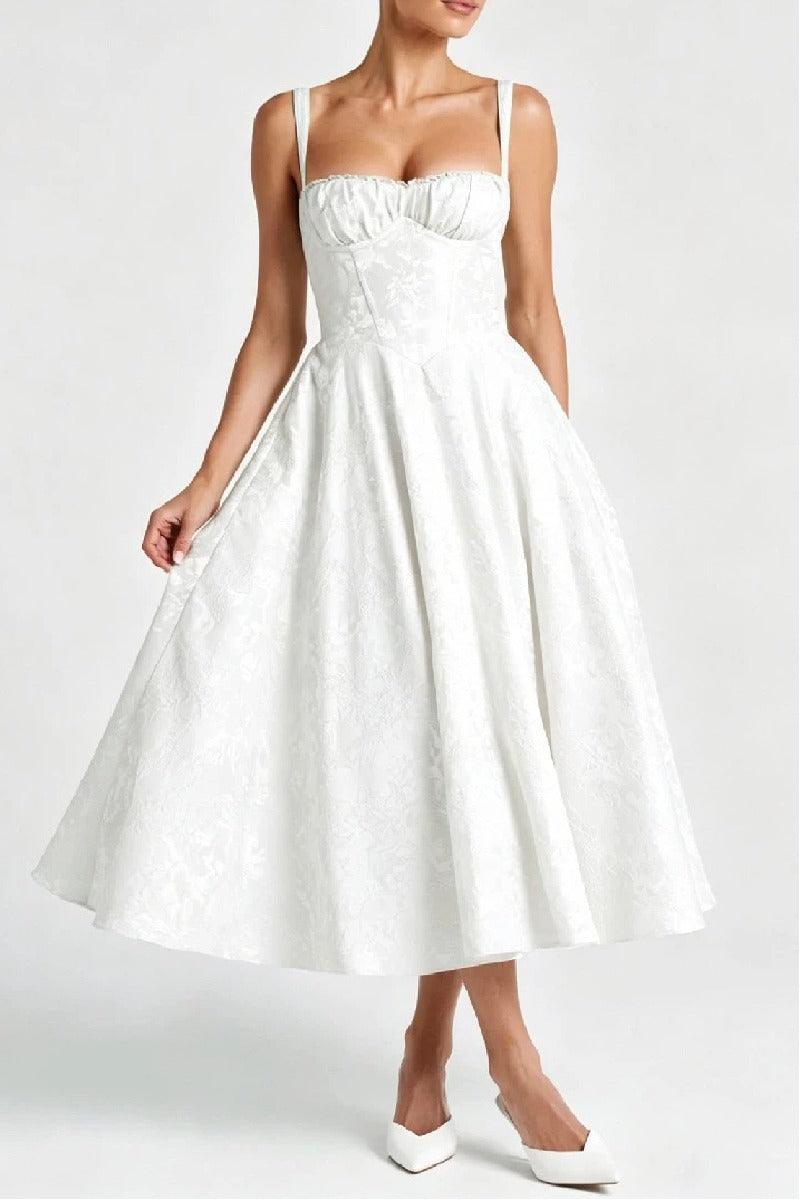 A-Line Tea Length Jacquard Satin Wedding Guest Dress 1038699395137
