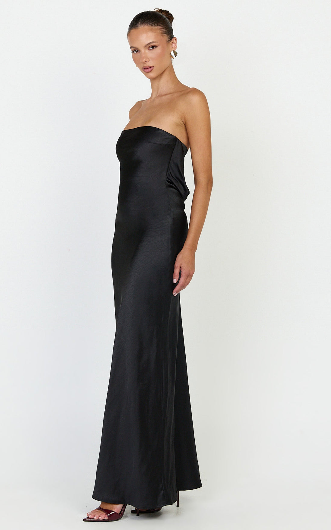 Charlita Maxi Dress - Strapless Cowl Back Satin Dress in Black