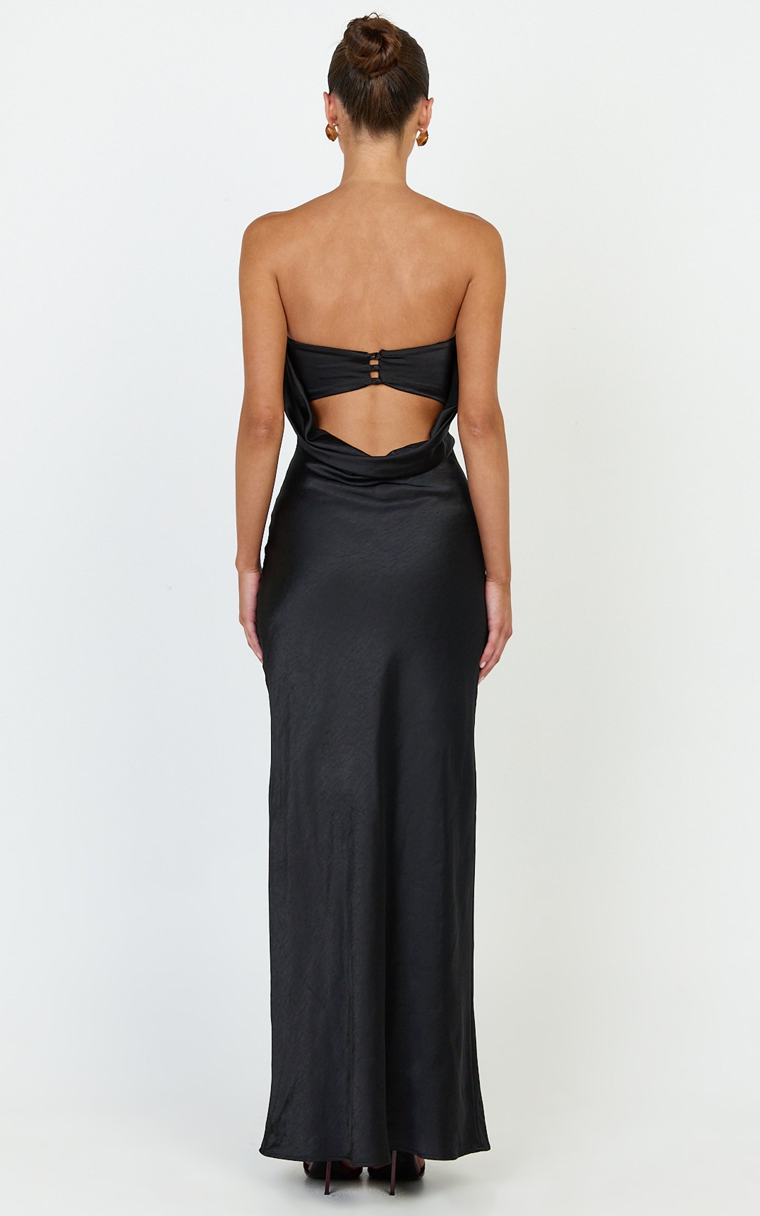 Charlita Maxi Dress - Strapless Cowl Back Satin Dress in Black