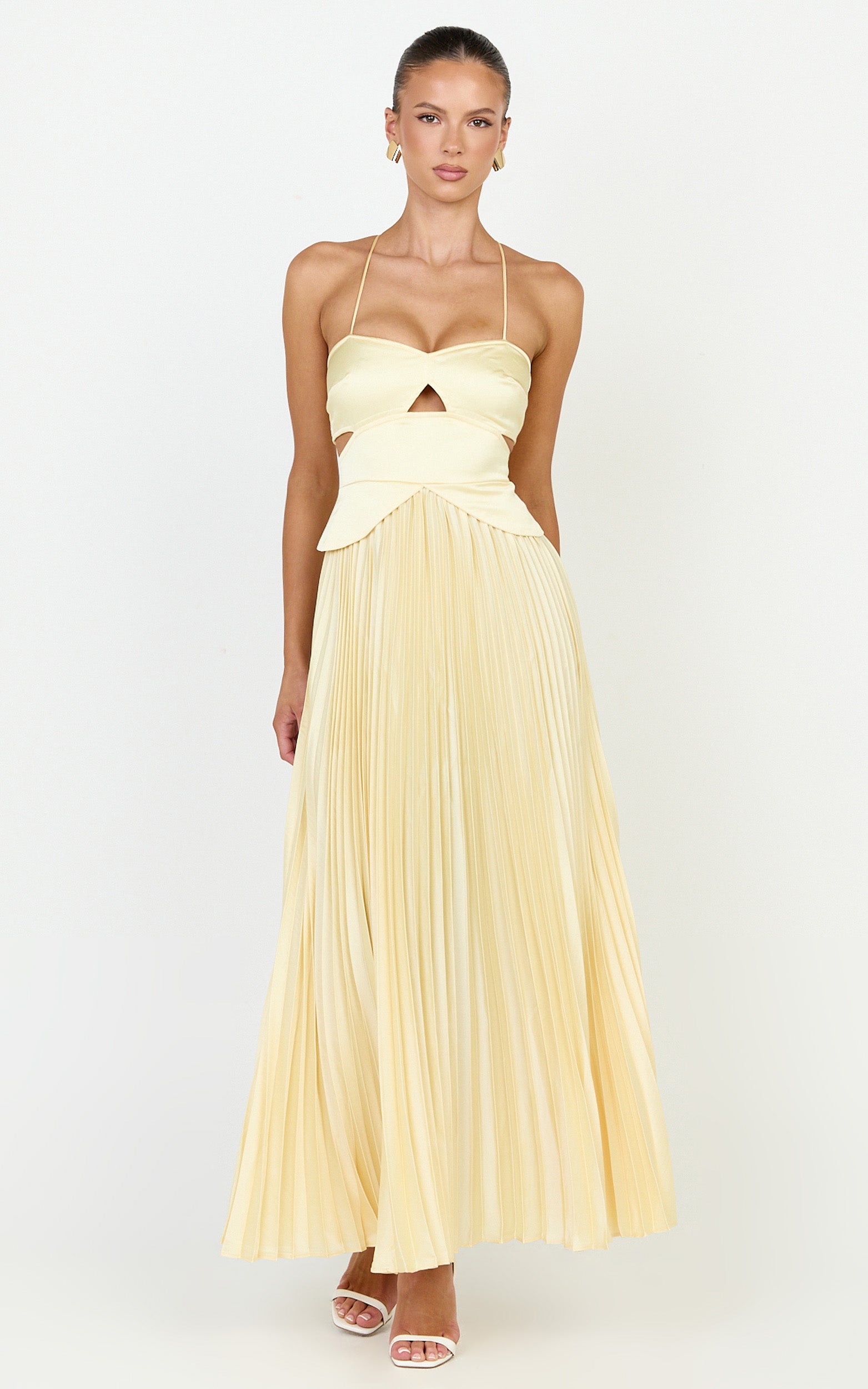 Shay Maxi Dress - Sweetheart Cut Out Pleated Dress in Lemon