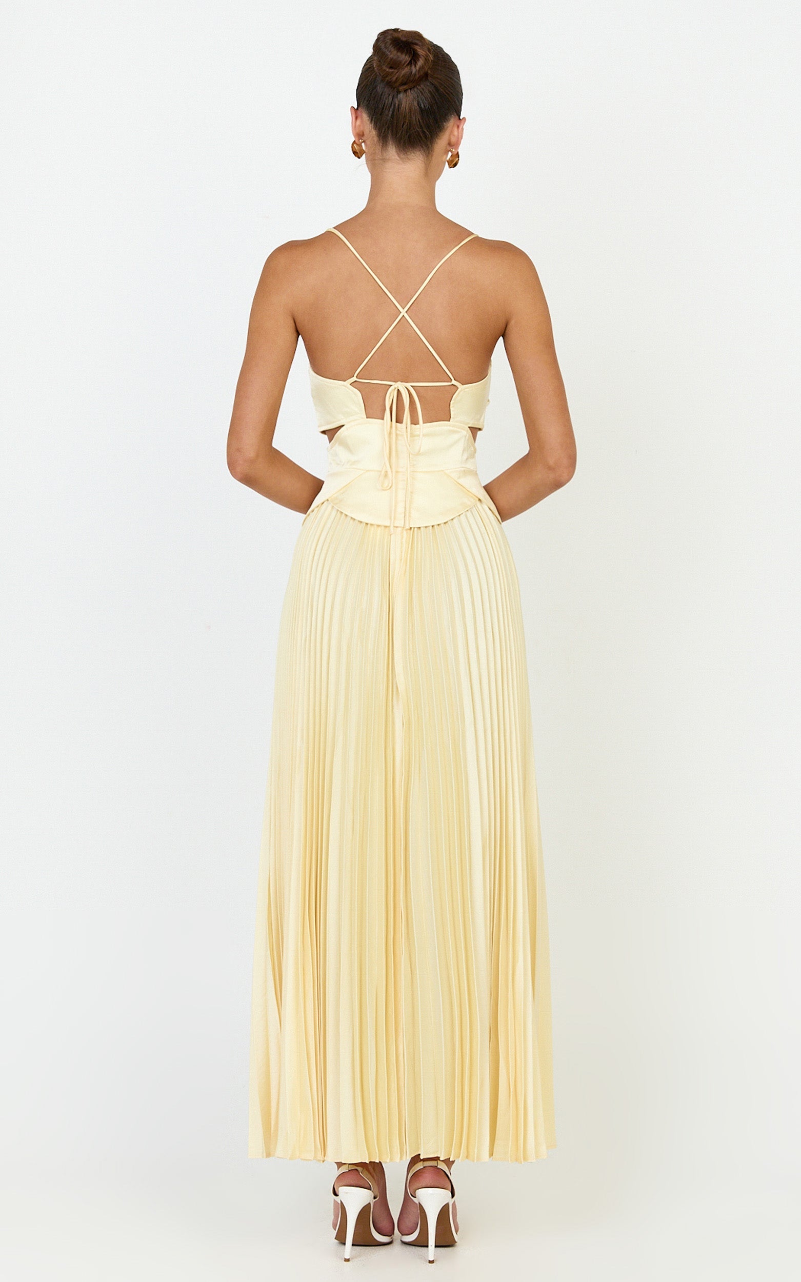 Shay Maxi Dress - Sweetheart Cut Out Pleated Dress in Lemon