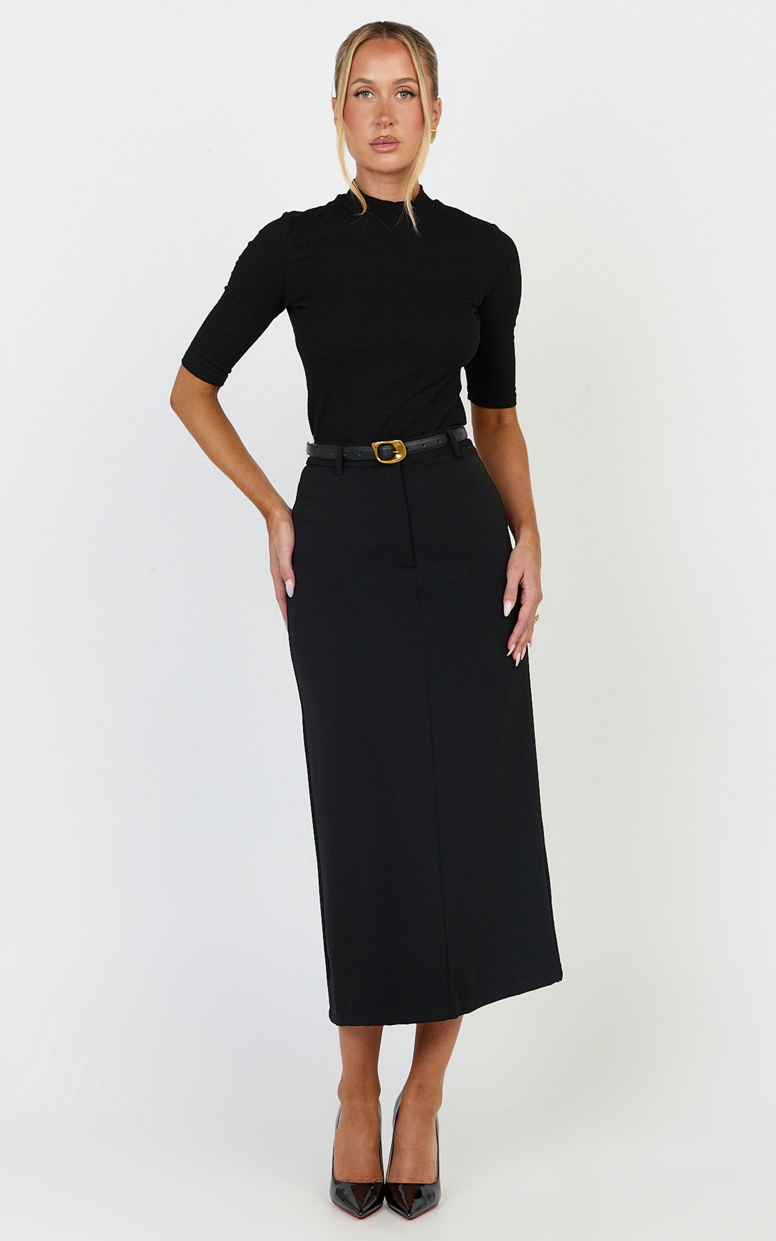 Alanna Midi Skirt - High Waisted Back Split Pencil Skirt in Black