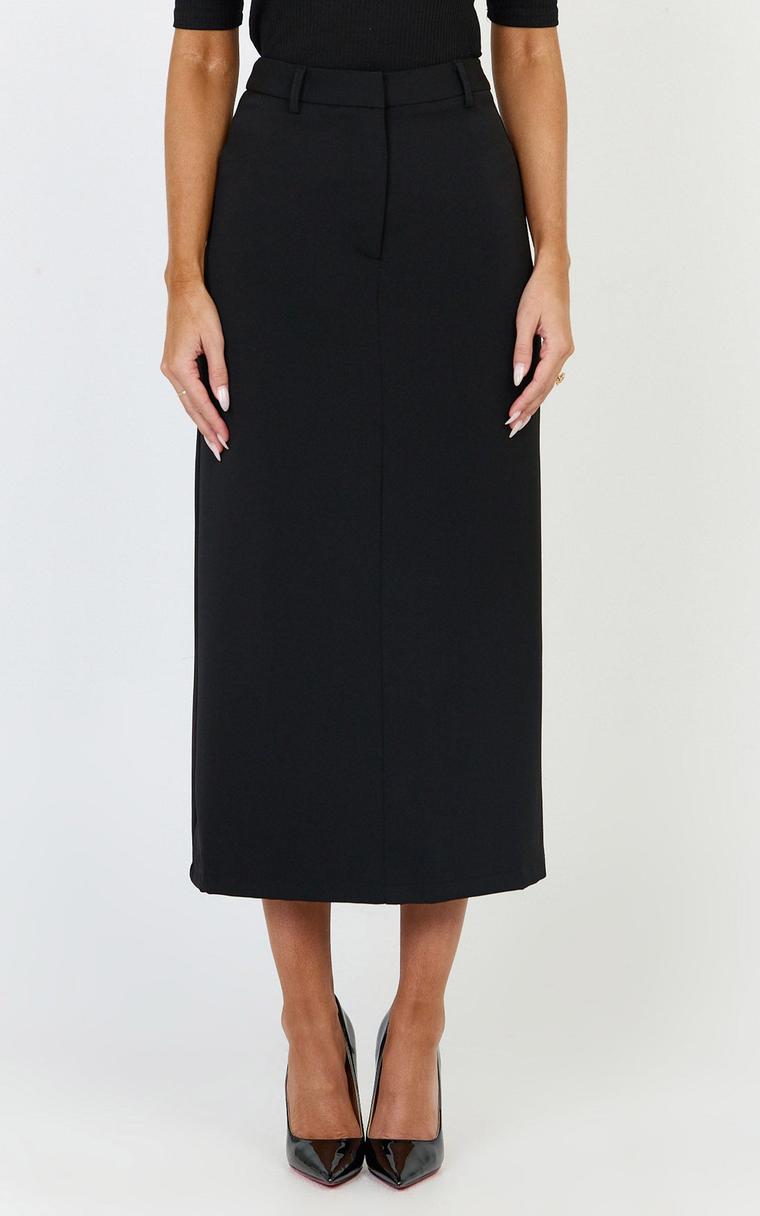 Alanna Midi Skirt - High Waisted Back Split Pencil Skirt in Black