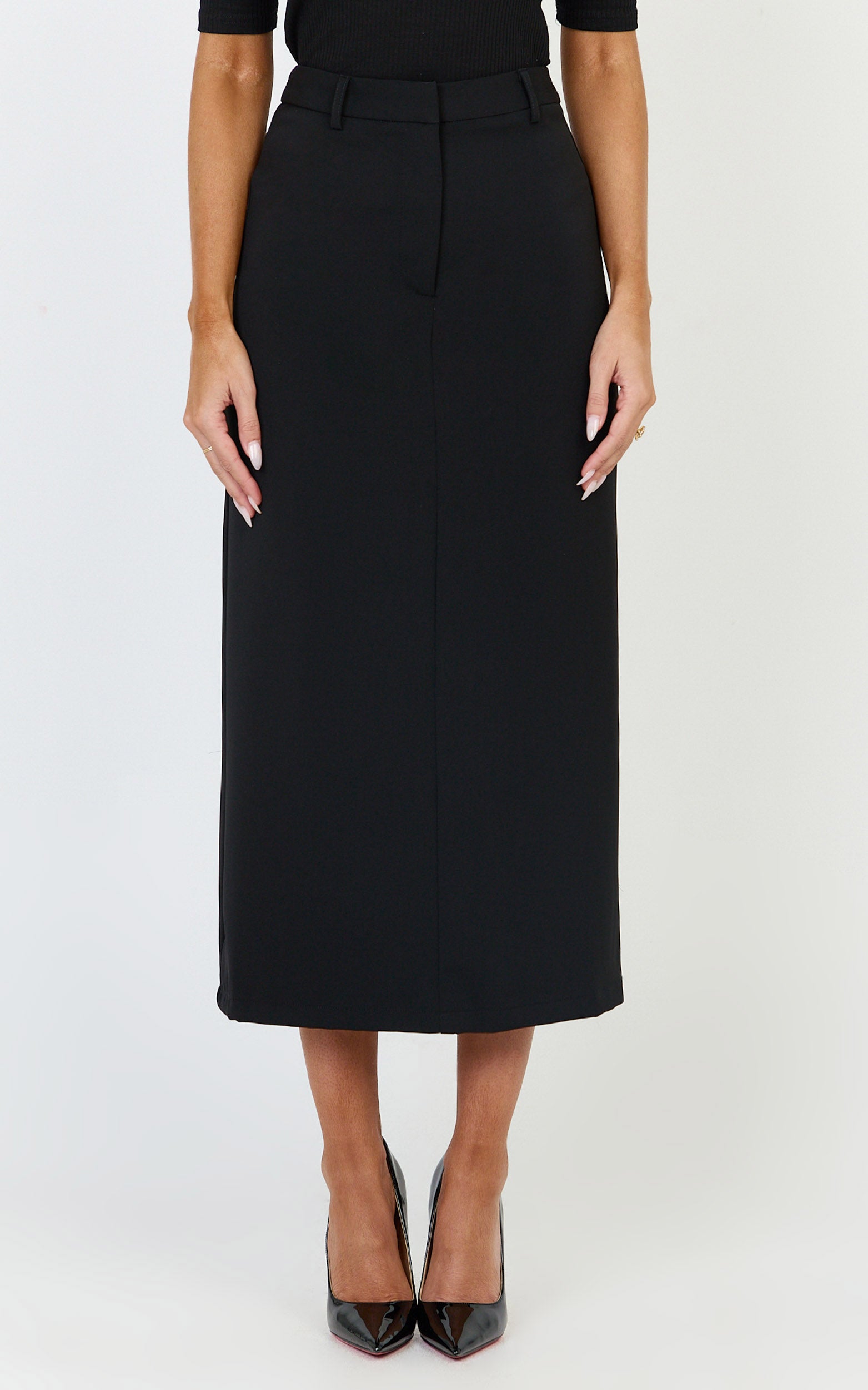 Alanna Midi Skirt - High Waisted Back Split Pencil Skirt in Black