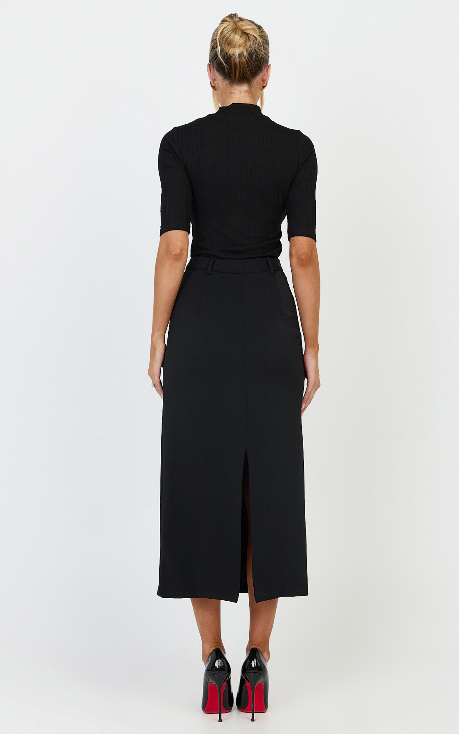 Alanna Midi Skirt - High Waisted Back Split Pencil Skirt in Black
