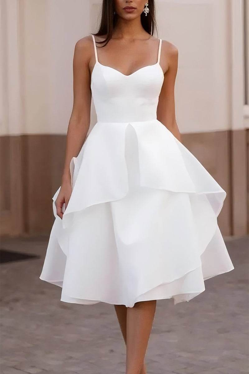A-Line Tea Length Organza Satin Little White Dress 100015