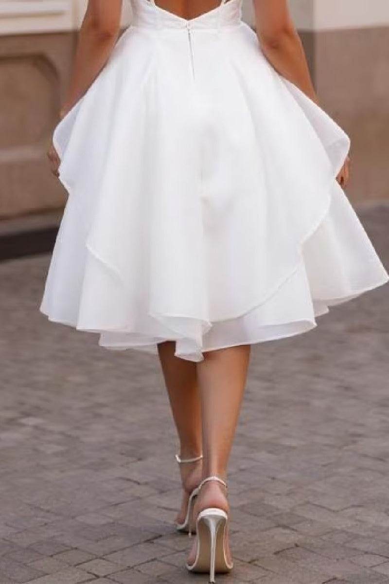 A-Line Tea Length Organza Satin Little White Dress 100015