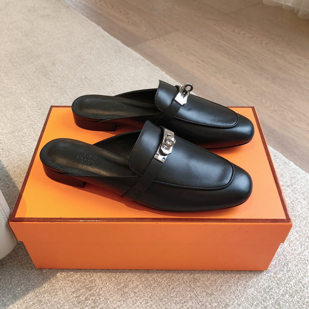 Hermes Oz Mule Black Silver Cowhide 756842
