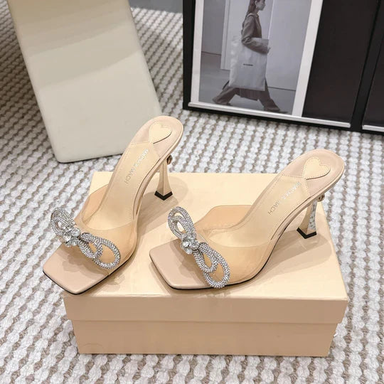 Mach & Mach 26 High Heels Crystal Sandals 95 Beige in Leather 722819