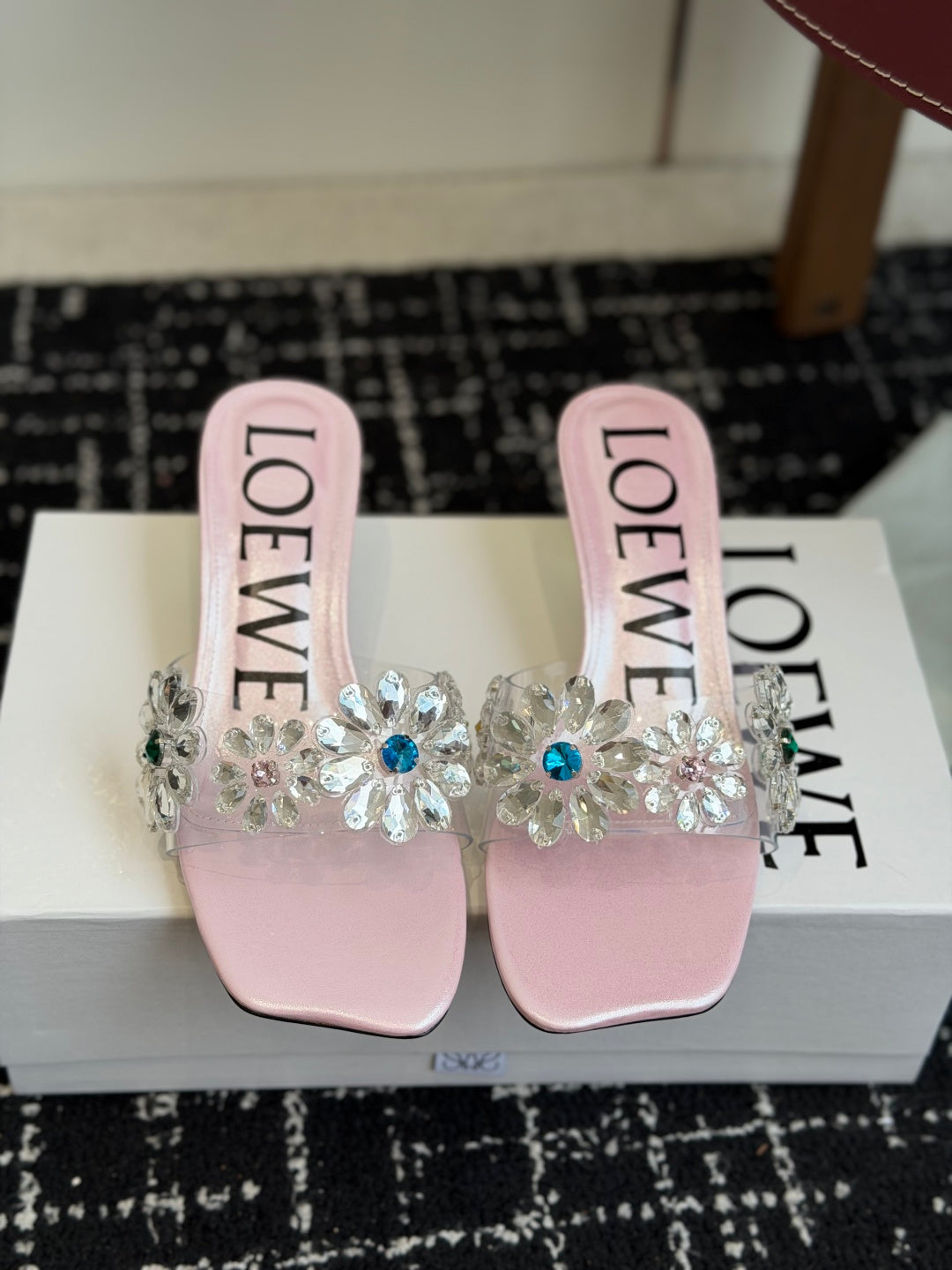 Loew Exquisite Rhinestone High-Heeled 50mm Sandals Pink in Leather 803524