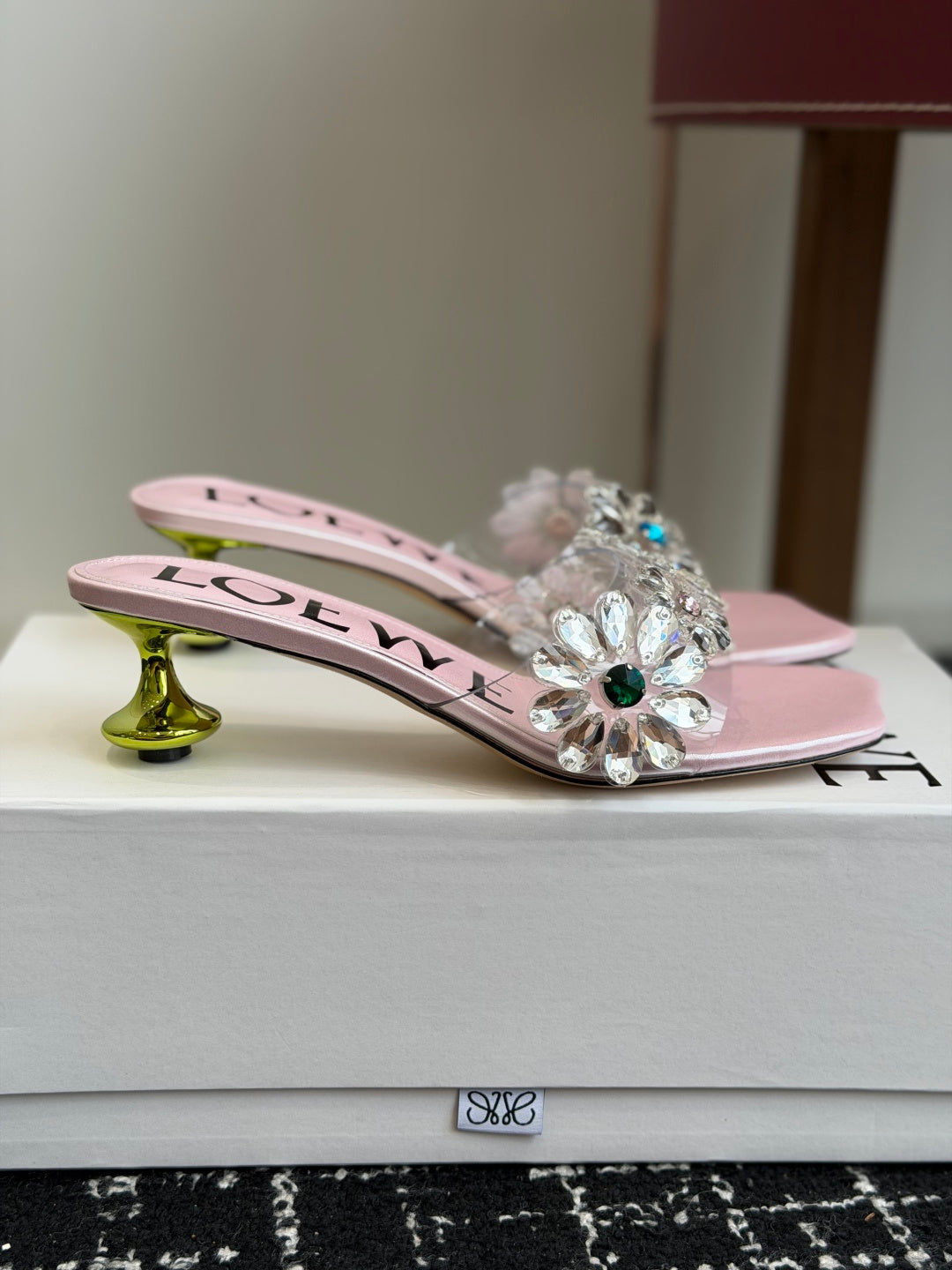 Loew Exquisite Rhinestone High-Heeled 50mm Sandals Pink in Leather 803524