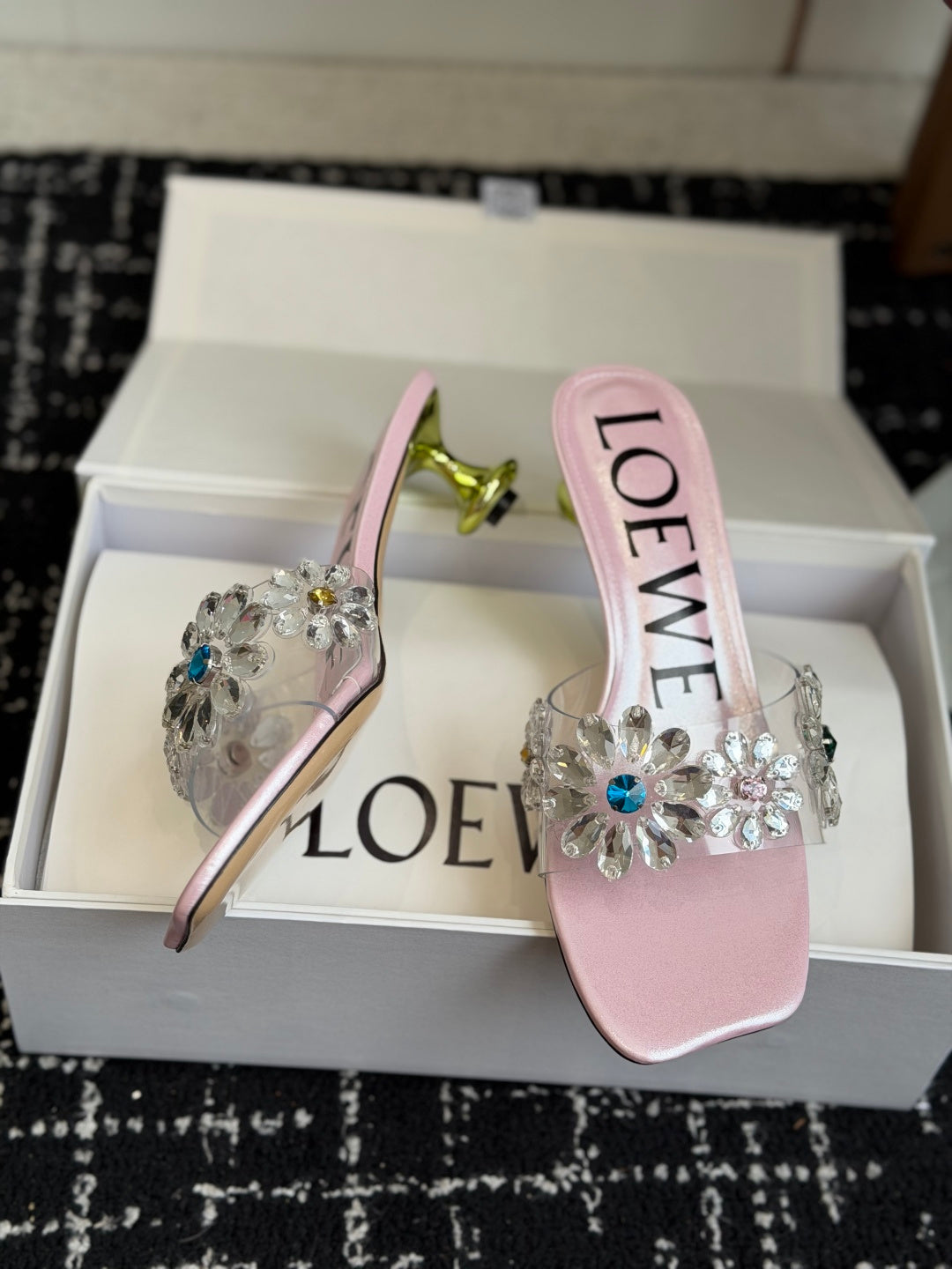 Loew Exquisite Rhinestone High-Heeled 50mm Sandals Pink in Leather 803524