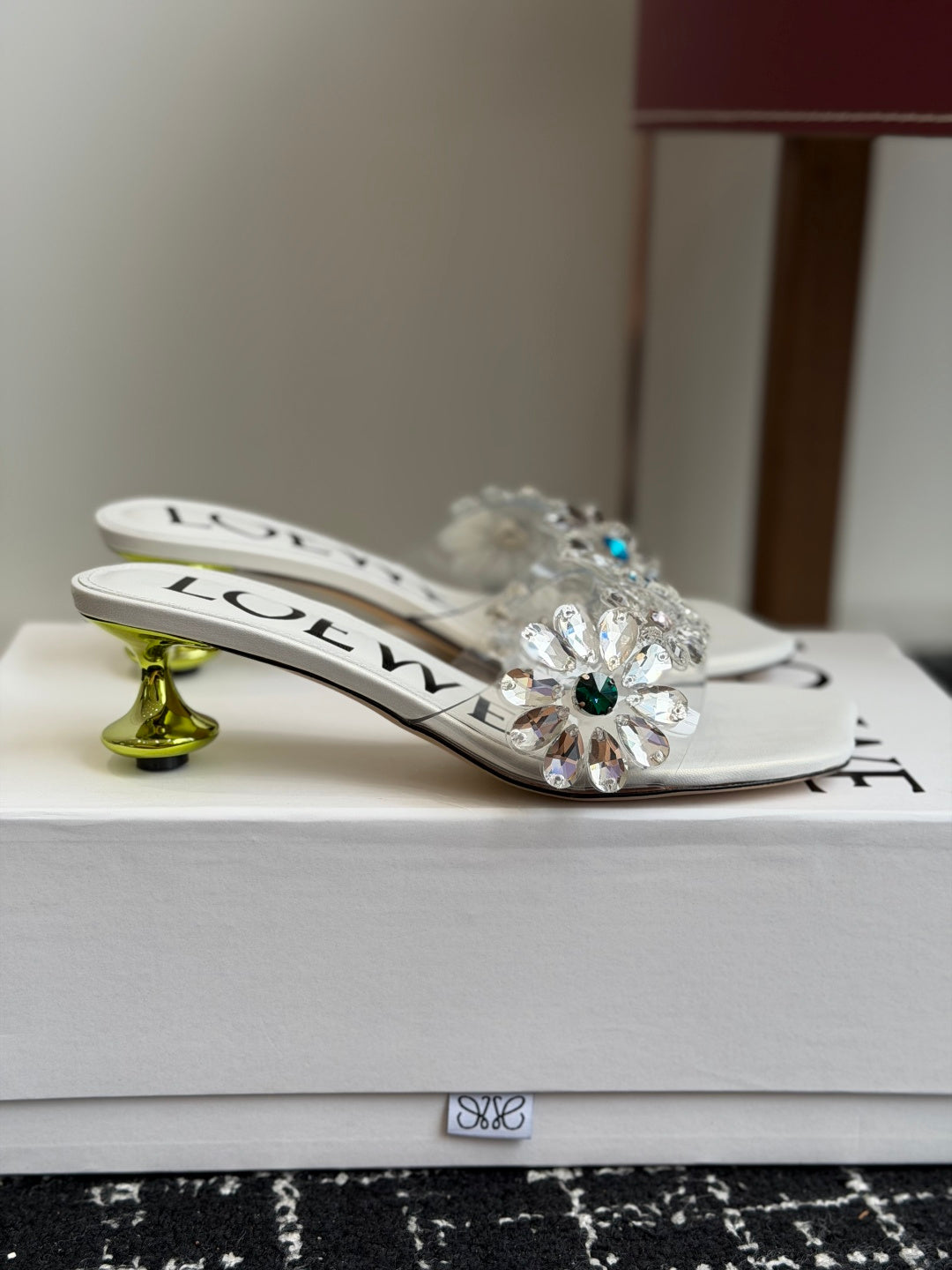 Loew Exquisite Rhinestone High-Heeled 50mm Sandals White in Leather 803525