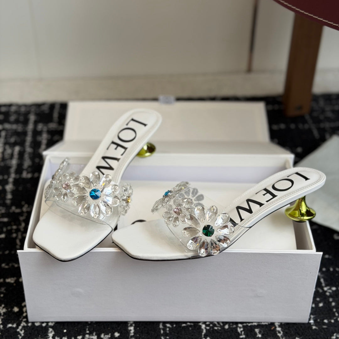 Loew Exquisite Rhinestone High-Heeled 50mm Sandals White in Leather 803525