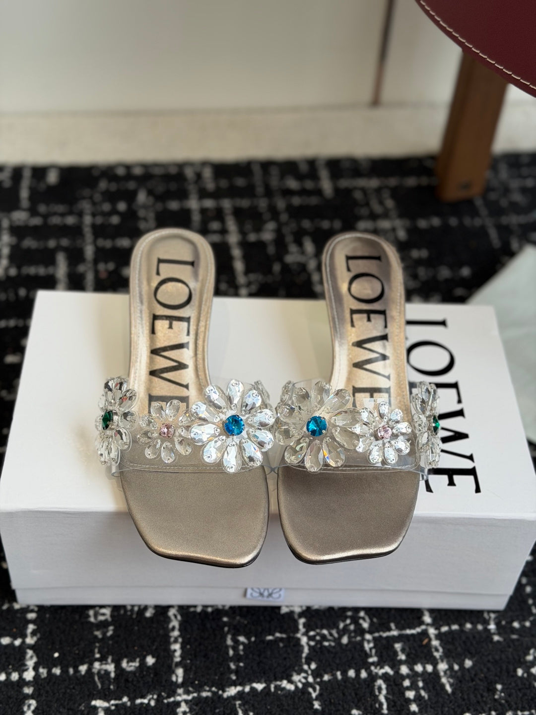 Loew Exquisite Rhinestone High-Heeled 50mm Sandals Champagne Gold in Leather 803526