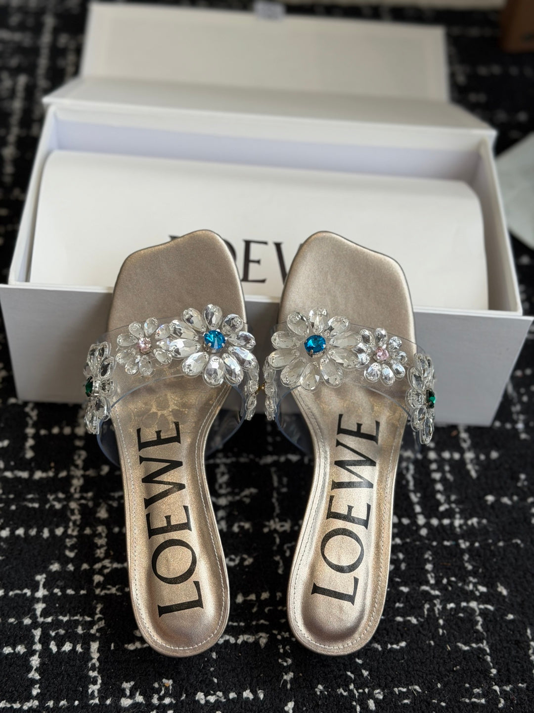 Loew Exquisite Rhinestone High-Heeled 50mm Sandals Champagne Gold in Leather 803526