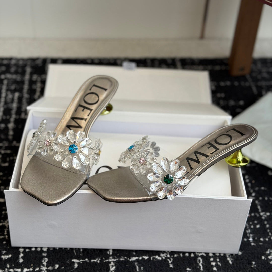 Loew Exquisite Rhinestone High-Heeled 50mm Sandals Champagne Gold in Leather 803526