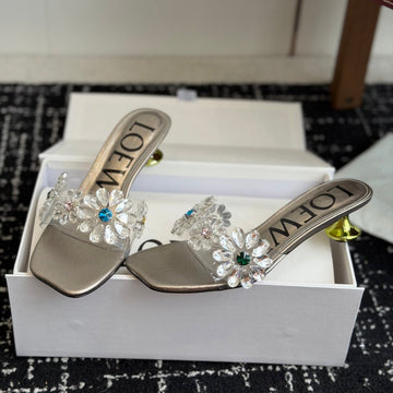 Loew Exquisite Rhinestone High-Heeled 50mm Sandals Champagne Gold in Leather 803526
