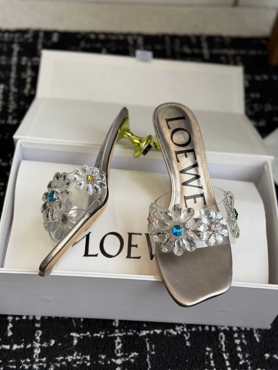 Loew Exquisite Rhinestone High-Heeled 50mm Sandals Champagne Gold in Leather 803526