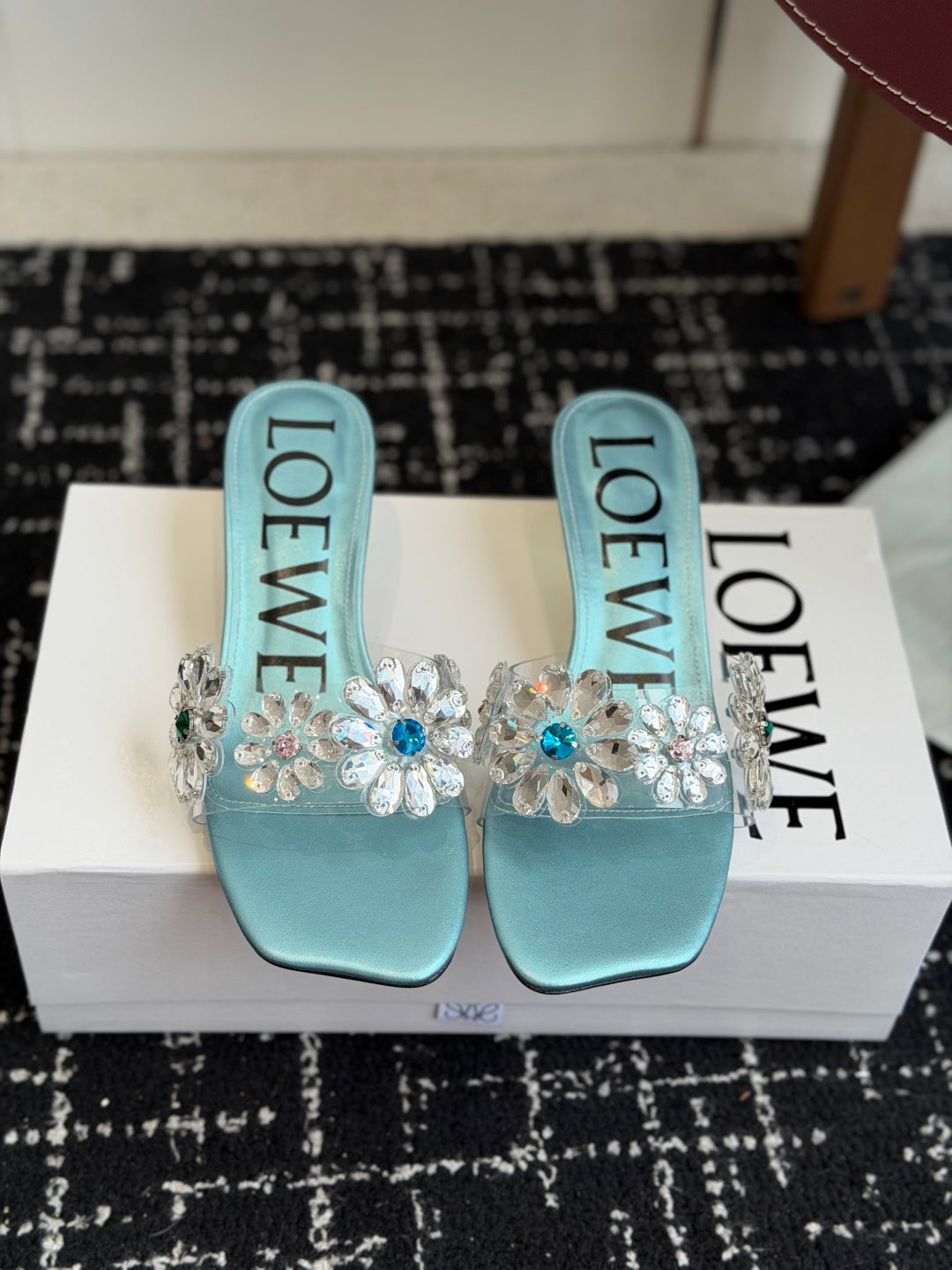 Loew Exquisite Rhinestone High-Heeled 50mm Sandals Blue in Leather 803527
