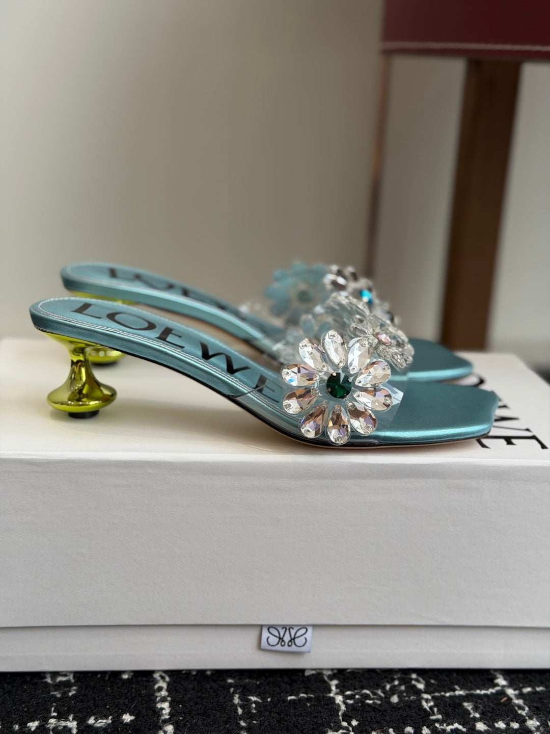 Loew Exquisite Rhinestone High-Heeled 50mm Sandals Blue in Leather 803527