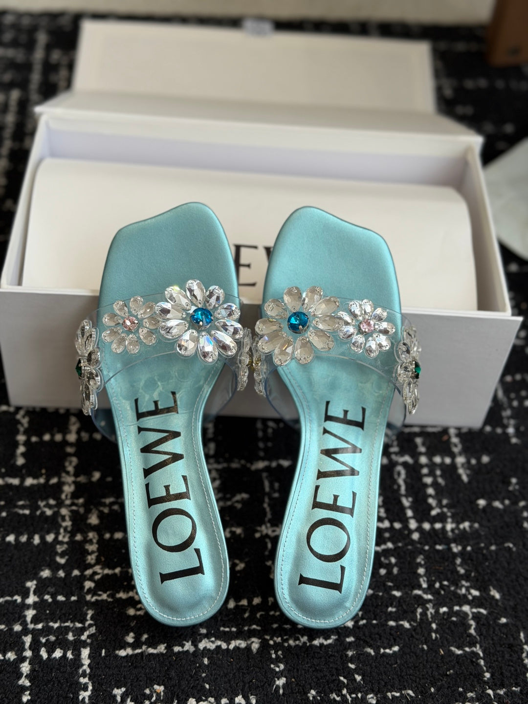 Loew Exquisite Rhinestone High-Heeled 50mm Sandals Blue in Leather 803527