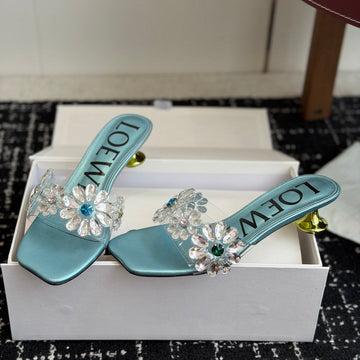 Loew Exquisite Rhinestone High-Heeled 50mm Sandals Blue in Leather 803527