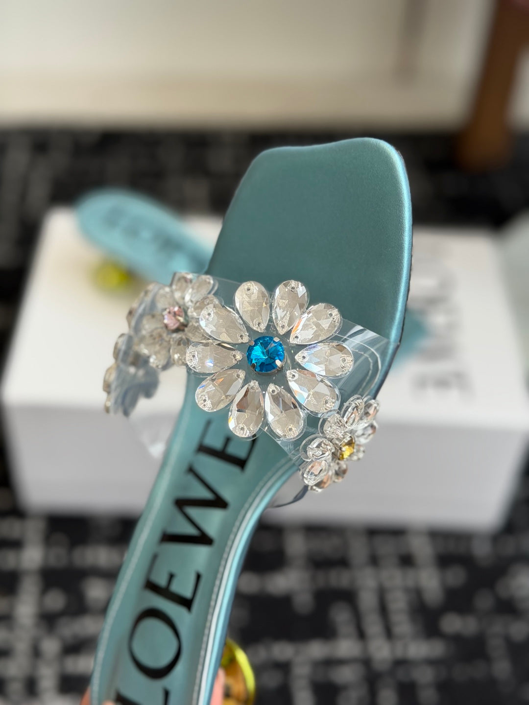 Loew Exquisite Rhinestone High-Heeled 50mm Sandals Blue in Leather 803527
