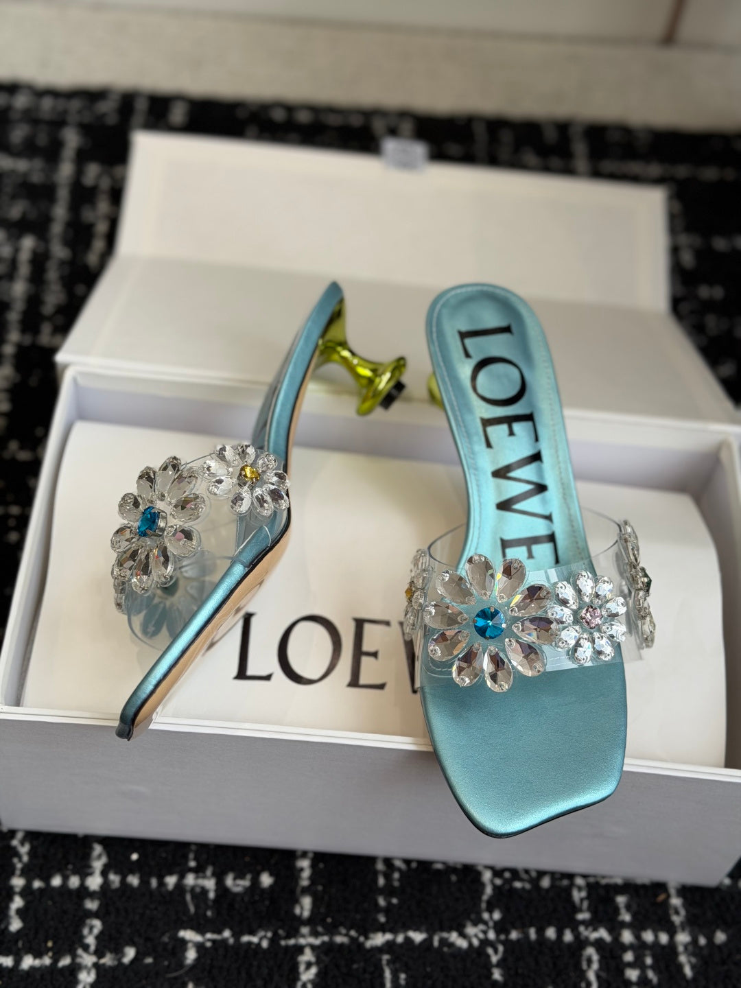 Loew Exquisite Rhinestone High-Heeled 50mm Sandals Blue in Leather 803527