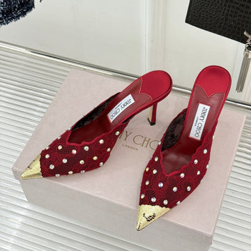 Jimmy Rhinestone Toe High-Heeled 10 Sandals Red in Lace Metallic 803385