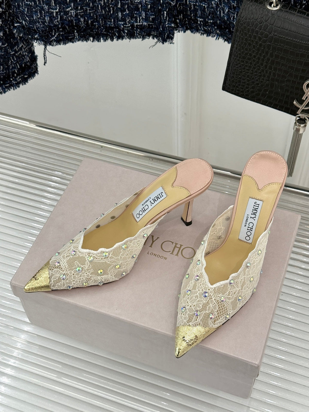 Jimmy Rhinestone Toe High-Heeled 10 Sandals Beige in Lace Metallic 803386