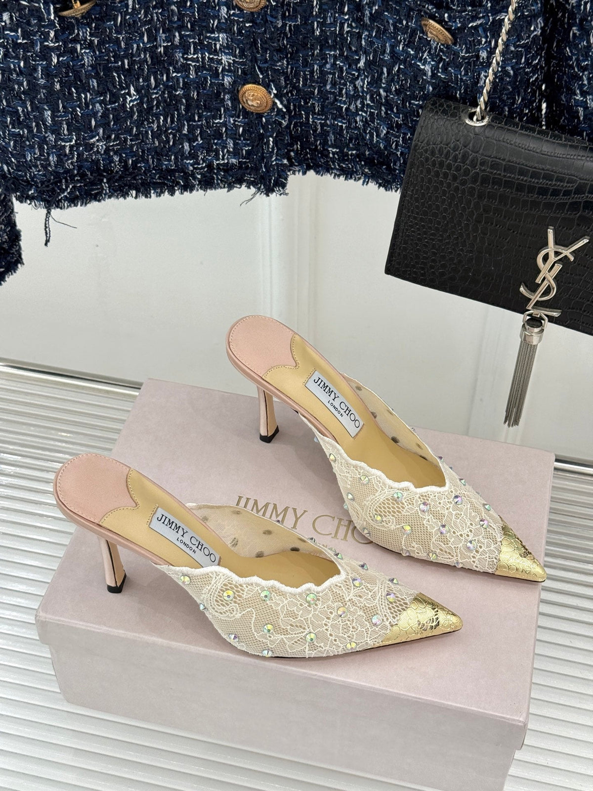 Jimmy Rhinestone Toe High-Heeled 10 Sandals Beige in Lace Metallic 803386