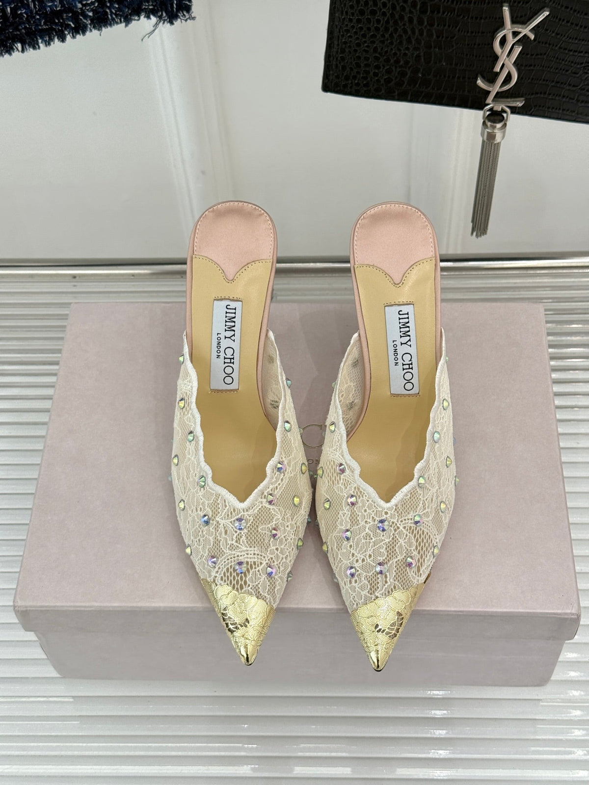 Jimmy Rhinestone Toe High-Heeled 10 Sandals Beige in Lace Metallic 803386