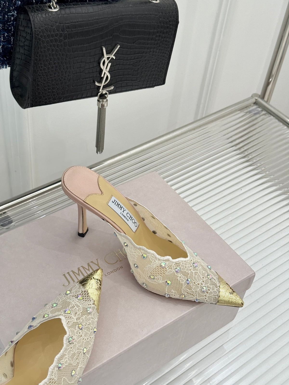 Jimmy Rhinestone Toe High-Heeled 10 Sandals Beige in Lace Metallic 803386