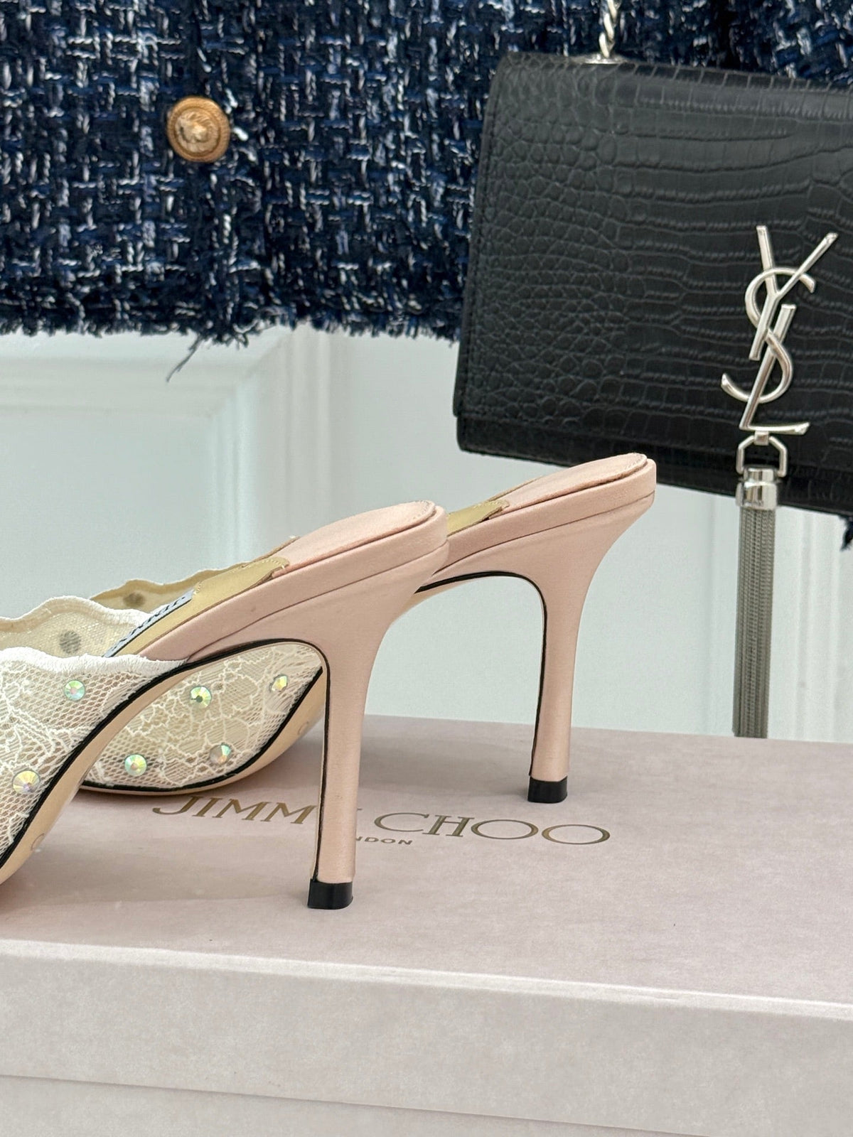 Jimmy Rhinestone Toe High-Heeled 10 Sandals Beige in Lace Metallic 803386