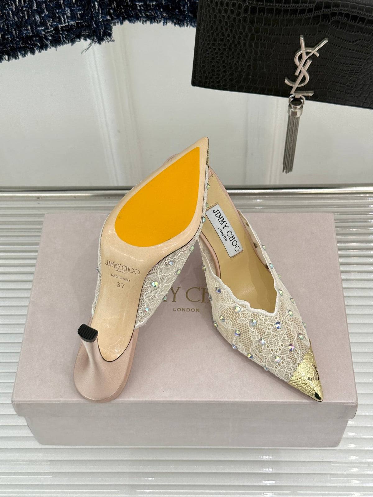 Jimmy Rhinestone Toe High-Heeled 10 Sandals Beige in Lace Metallic 803386