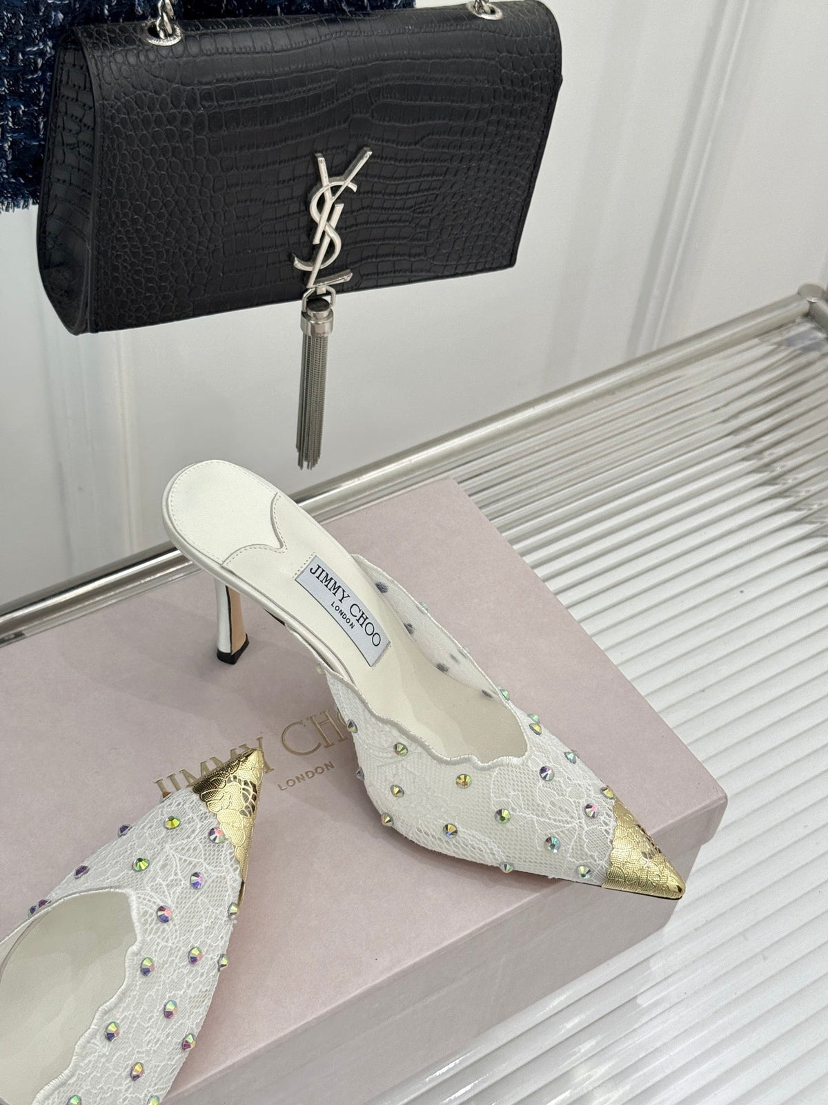 Jimmy Rhinestone Toe High-Heeled 10 Sandals White in Lace Metallic 803387