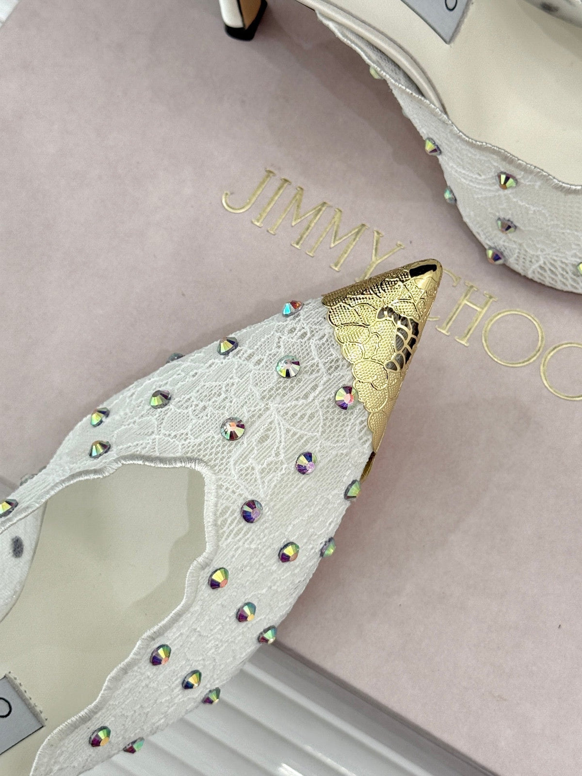 Jimmy Rhinestone Toe High-Heeled 10 Sandals White in Lace Metallic 803387
